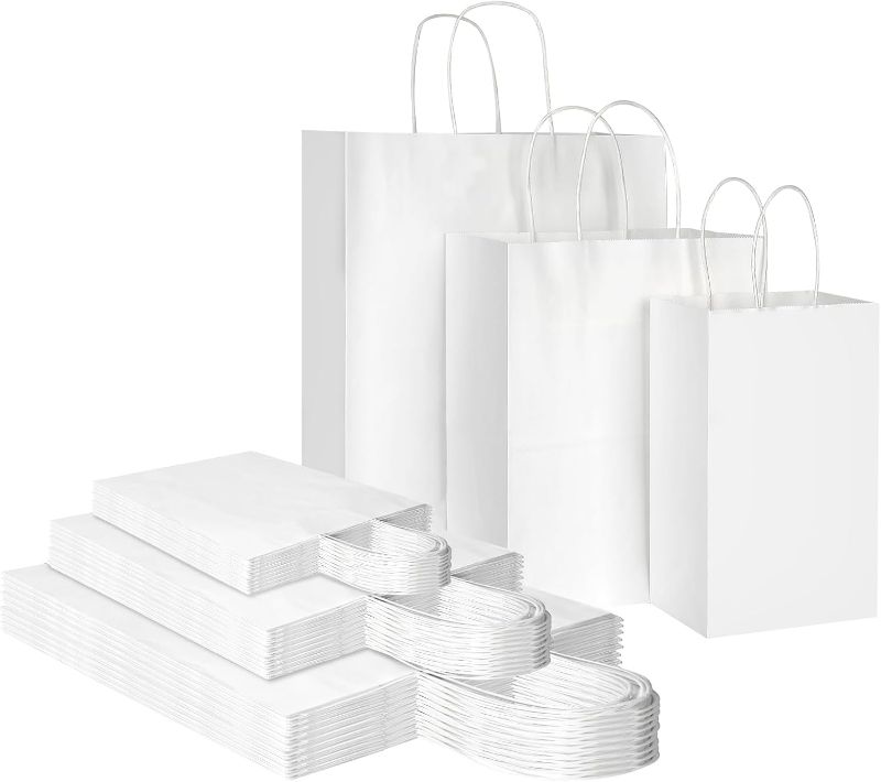 Photo 1 of Toovip 90 Pack White Kraft Paper Bags with Handles Bulk, 3 Assorted Sizes Gift Wrap Bags for Favors Grocery Retail Party Birthday Shopping Business Goody Craft Merchandise Take Out Sacks