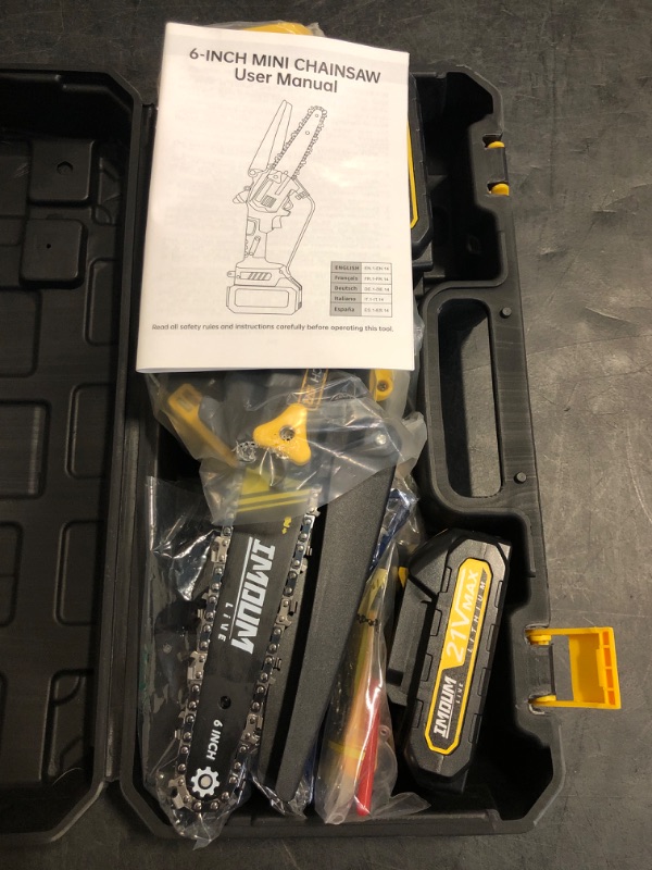 Photo 1 of Mini Chainsaw Cordless 6'' with 2×21V Battery, IMOUMLIVE Brushless Powerful Electric Small Hand Portable Chain Saw with Auto Oiler, Lightweight, 2.2 lbs, Handheld, Easy For Pruning, Cutting, Trimming