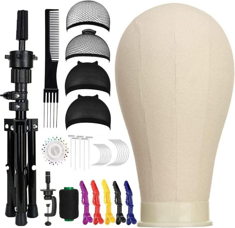 Photo 1 of 23 Inch Canvas Block Mannequin Head for Wigs Making Display with Wig Caps, T Pins, C Bristle Brush