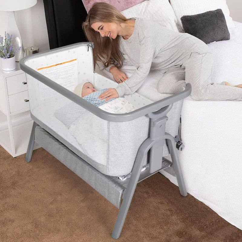 Photo 1 of Beberoad Love Baby Bassinet Beside Sleeper for Baby Lightweight Portable 6 Heights Adjustable Beside Crib Baby Bed Cradle for Newborns Infants with Mattress Wheels Storage Basket Travel Bag Light Grey