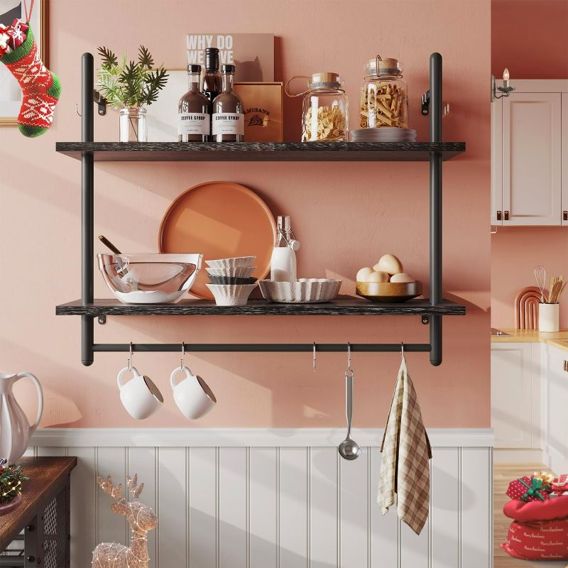 Photo 1 of Bestier  Shelf Industrial Floating Shelving 31" Kitchen Wall-Mounted Shelf Towel Bar Hooks Coffee Bar Shelves Wine Hanging Display Rack Bookshelf Living Room Decor Bathroom-Charcoal Black
