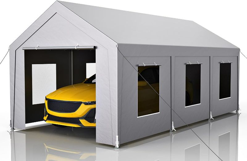 Photo 1 of Carport 10x20 ft Heavy Duty, Car Port with Reinforced Steel Frame and 6 Roll-up Windows, Portable Garage with Removable Sidewalls, Waterproof All-Season Car Canopy for Boat, Truck, Grey