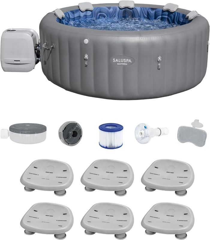 Photo 1 of Bestway SaluSpa Santorini HydroJet Inflatable Hot Tub with 180 Soothing Jets and 6 Pack of SaluSpa Non Slip Pool and Spa Seats