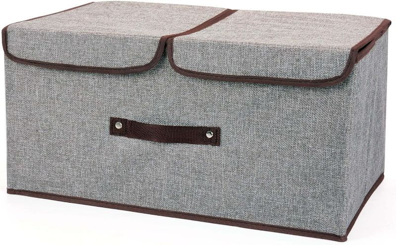 Photo 1 of Linen Collapsible Storage Bin with Lid and Handle Washable Storage Bin Basket with Removable Dividers Suitable for Bedroom, Wardrobe, Office, Living room(Gray)