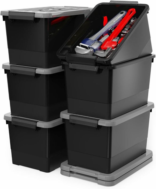 Photo 1 of WYT 17 Quart Stackable Plastic Storage Bins with Grey Lids, 6 Pack Black Containers with Latching Buckles and Handle, Durable Nestable Boxes Organizing for Closet, Garage, Tool Room