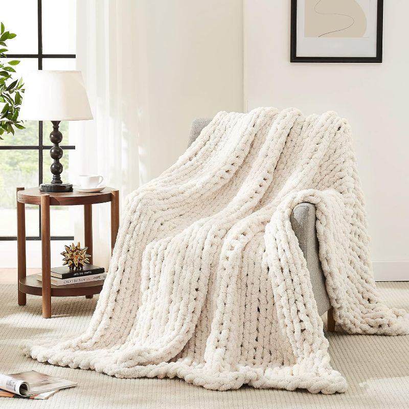 Photo 1 of L'AGRATY Chunky Knit Blanket Throw,Soft Chenille Yarn Throw 50x60?Handmade Thick Cable Knit Crochet Blanket, Large Rope Knot Throw Blanket for Couch Home Decor