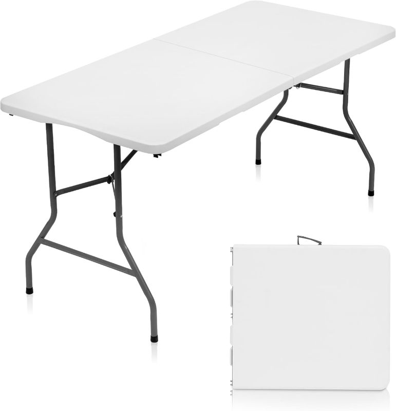 Photo 1 of 5 Foot Folding Table Foldable Table with HDPE Top Portable 5 ft Folding Table for Indoor & Outdoor, Durable Steel Legs, Easy Storage & Carry (White)