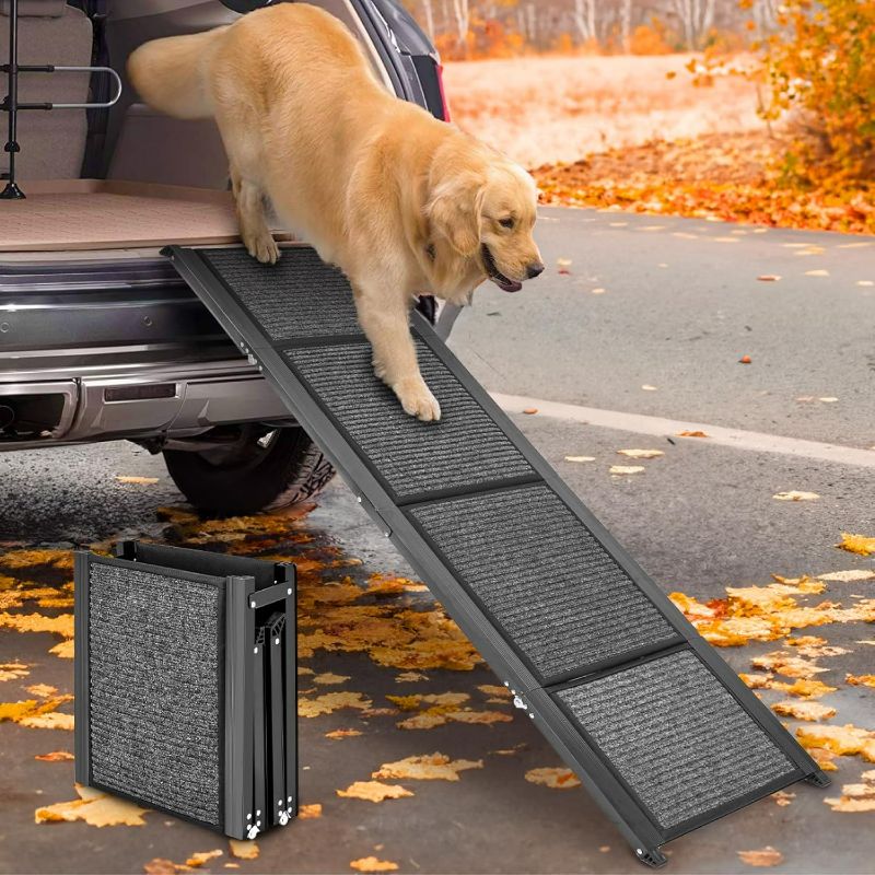 Photo 1 of Dog Ramp for Car, 63"x17" Dog Ramps for Large Dogs with Anti-Slip Rug Surface, Folding Dog Ramp Up to 250LBS, Outdoor Dog Ramp for Trucks & SUV