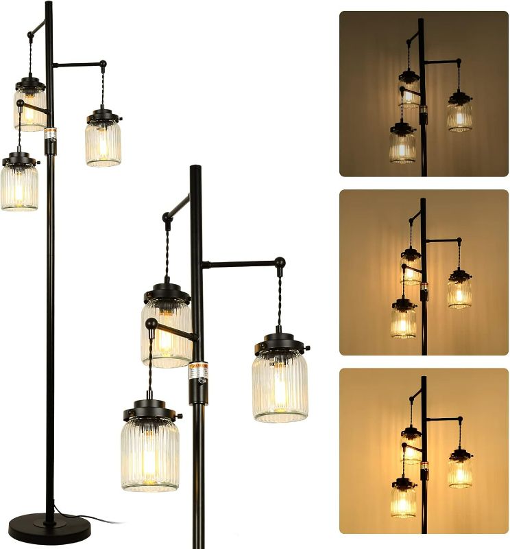 Photo 1 of *Missing the Glass Shades** Industrial Farmhouse Rustic Lamp with 3 Glass Shades, Tall Standing Lamps with Dimmable Switch, Sturdy Base, Black Floor Lamps for Living Room Bedroom Office Home