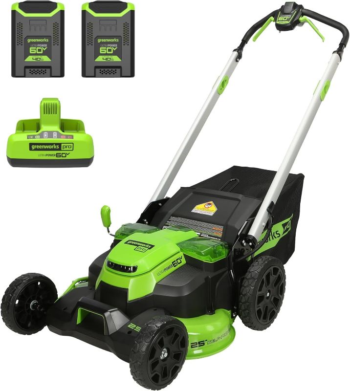 Photo 1 of *Missing Batteries** Greenworks 60V 25” Cordless (Self-Propelled) Lawn Mower (LED Lights + Aluminum Handles), 2 x 4.0Ah Batteries and Dual Port Rapid Charger