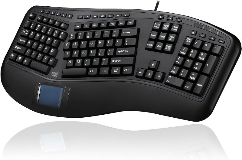 Photo 1 of Adesso AKB-450UB - Ergonomic Keyboard with Built-in Touchpad, Wired, Multimedia Hotkeys, Split Keys Design, Built-in Palm Rest for Comfort - Compatible for PC & Windows XP/7/8/10