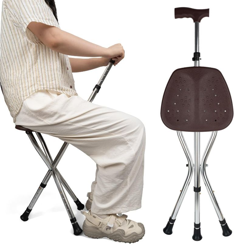 Photo 1 of Cane with Seat Folding Lightweight,Walking Stick Height Adjustment,Cane Chair for Seniors Balance Supports Up to 330 Pounds,Anti-Slip Walking Stick for Elderly Men, Disabled