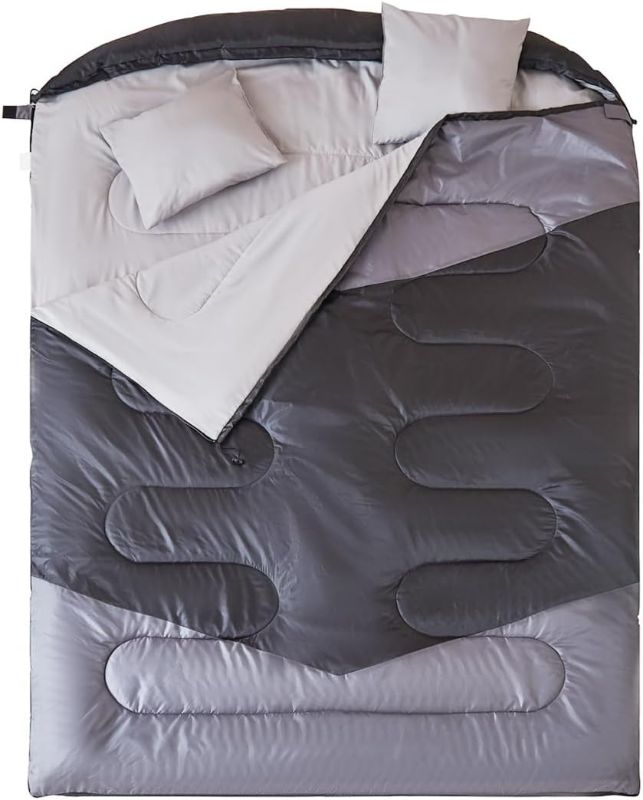 Photo 1 of Double Sleeping Bag for Adults with 2 Pillows - Queen Size XL Waterproof Sleeping Bag for All Season Camping Hiking Backpacking 2 Person Sleeping Bags for Cold Weather & Warm