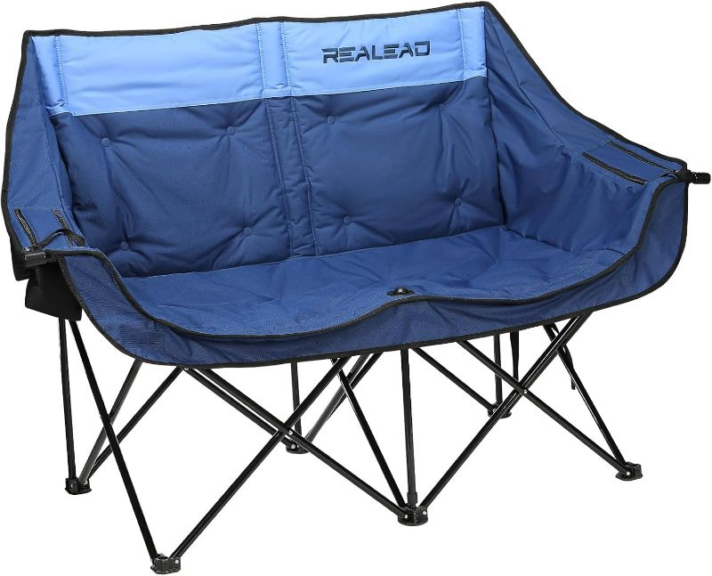 Photo 1 of REALEAD Double Camping Chair - Folding Loveseat Camping Chairs for Adults - Two Person Camping Chairs Support 650 lbs - Oversized Camping Loveseat Chair with Cooler Bags for Outdoor Sports - Blue