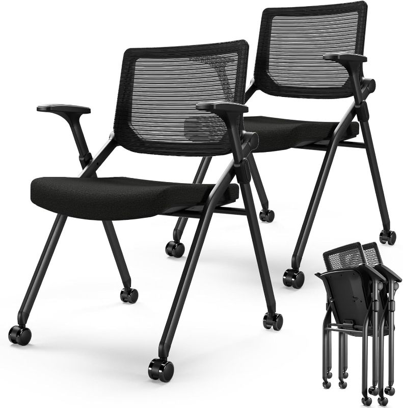 Photo 1 of FYLICA Foldable Office Chair Set of 2 with PU Wheels Ergonomic Mesh Bouncing Back, Stackable Conference Room Chair, Office Guest & Reception & Meeting Chair (Black)