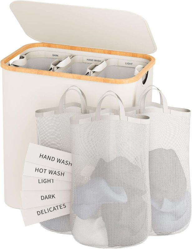 Photo 1 of Laundry Hamper 3 Section, 145L Dirty Clothes Hamper with Lid, Extra Large Laundry Basket Organizer with Removable Inner Bags & Labels for Laundry Room, Bedroom, Beige