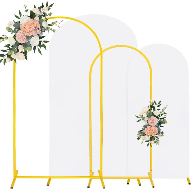 Photo 1 of 6FT Wedding Arch Stand and Matching White Spandex Fitted Arch Backdrop Cover Set, Round Top Chiara Backdrop Stands and Covers for Birthday Party Baby Shower Banquet Arch Decor (White)Does NOT Include Flowers