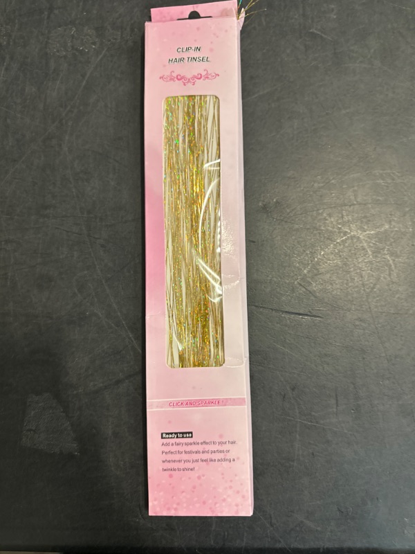Photo 1 of USHUIUS Hair Tinsel Clip in 12Pcs Gold Tinsel Hair Extensions, Clip in Hair Tinsel Fairy Glitter Hair Tinsel Kit Heat Resistant Sparkly Hair Accessories for Girls Women Kids (GOLDEN)