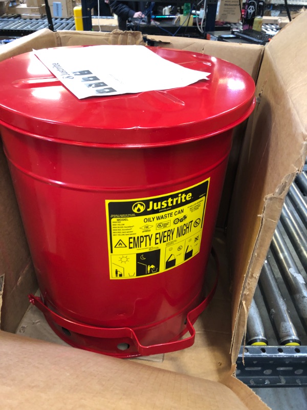 Photo 2 of Justrite 14 Gallon Galvanized Steel Oily Waste Can, 20" x 16" Metal Oil Rag Safety Can with Quiet Foot Operated Self-Closing Lid for Oil Rag Disposal, Made in The USA, Red, 09508