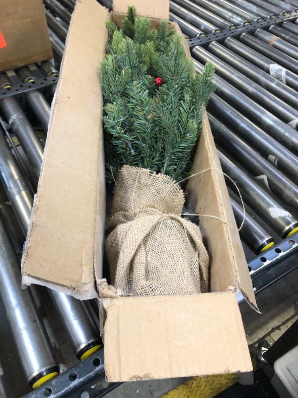 Photo 1 of Tigejoy 3ft Pre-Lit Tabletop Christmas Tree, Realistic Green Pine Needles, with Pine Cones, Berries, Include 80 LED and Burlap Base, Mini Christmas Tree for Home and Indoor Decoration