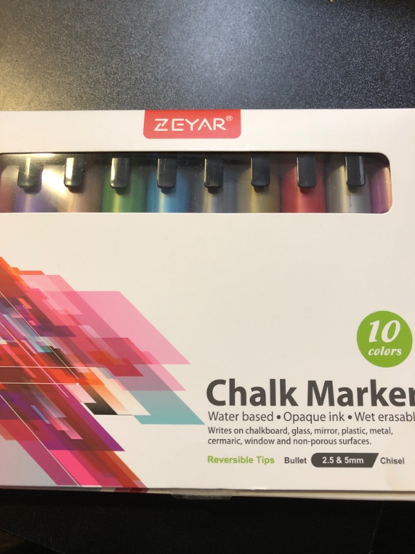 Photo 2 of ZEYAR Liquid Chalk Marker Wet Erase Marker, Reversible Tip- Bullet & Chisel: 4mm&2.5mm, 10 Colors, Writes on Nonporous Chalkboards, Bistro Boards, Windows and Plastic (10 Metallic Colors)