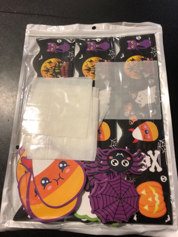 Photo 2 of 36FT Halloween Bulletin Board Decorations, Black Halloween Bulletin Board Scalloped Border Trim 48PCS Halloween Pumpkins Bat Ghost Mini Colorful Paper Cut Outs for Classroom School Office