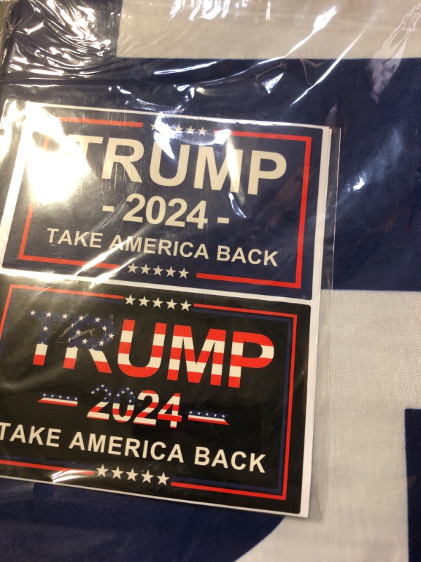 Photo 2 of Oligei Trump 2024 Flag, 3 x 5 Feet Trump Flag Take American Back with 4 Pcs Trump 2024 Sticker, Polyester Fiber Trump Desantis 2024 Flag, 3 Ply Double Sided Trump 2024 Flag