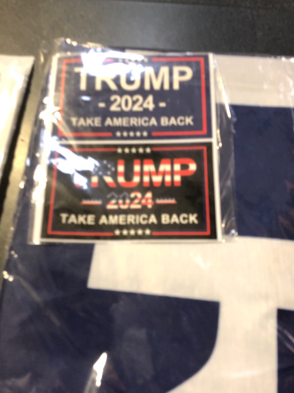 Photo 2 of Oligei Trump 2024 Flag, 3 x 5 Feet Trump Flag Take American Back with 4 Pcs Trump 2024 Sticker, Polyester Fiber Trump Desantis 2024 Flag, 3 Ply Double Sided Trump 2024 Flag