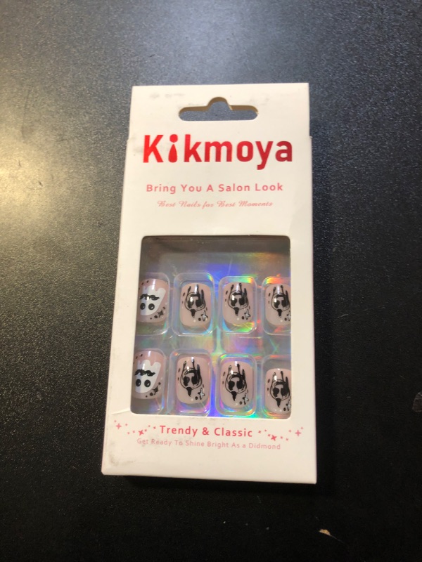 Photo 2 of Kikmoya Halloween Press on Nails Short Fake Nails with Ghost Pumpkin Blood Drip Design Nude Pink Square Spooky False Nails 24pcs Squoval Glossy Acrylic Artificial Full Cover Stick on Nails for Women