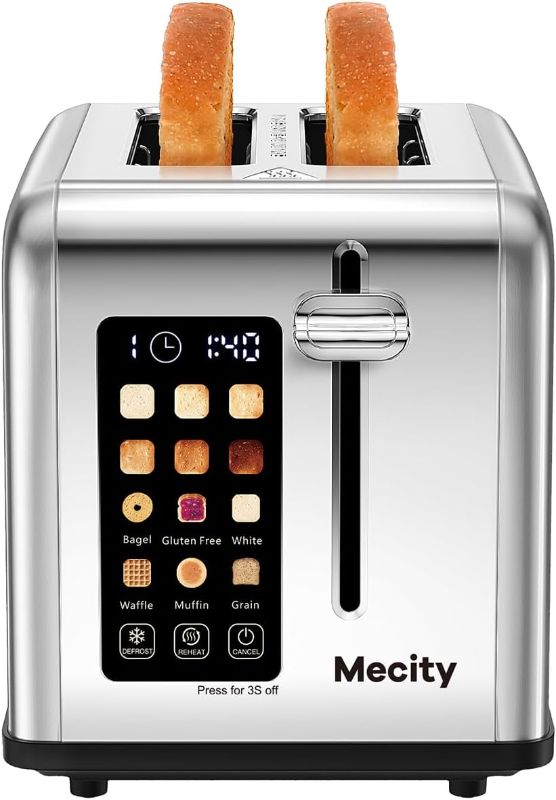 Photo 1 of Mecity 2 Slice Toaster Touch Screen 1.5" Wide Slot, Stainless Steel Smart Bread Toaster for Bagel Muffin Waffle Gluten Free Breads, Timer, Defrost, Reheat, 120V 825W
