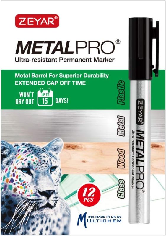 Photo 2 of ZEYAR Permanent Markers, Chisel Tip, Set of 12, 4 Colors, Waterproof & Smear Proof ink, Aluminum Barrel, Quick Drying, Marking on Plastic, Stone, Metal, Glass and more