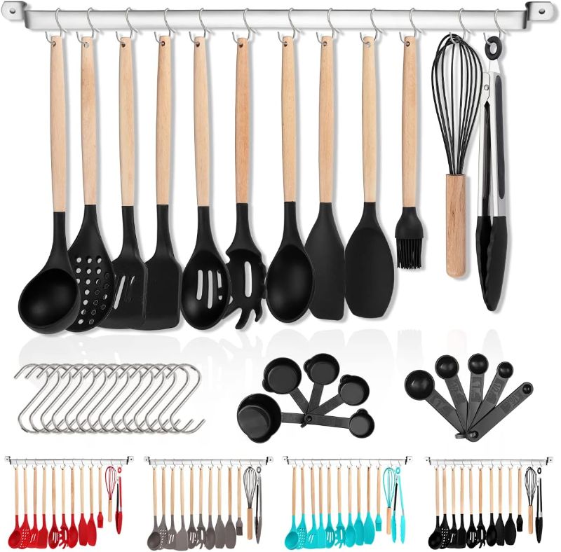 Photo 1 of Berglander Silicone Kitchen Utensils Set 38 Pieces, Non-Stick Cooking Utensils Set, Wood Handle Kitchen Cookware Tools With Muti-Use Hooks and Utensil Racks (Black)