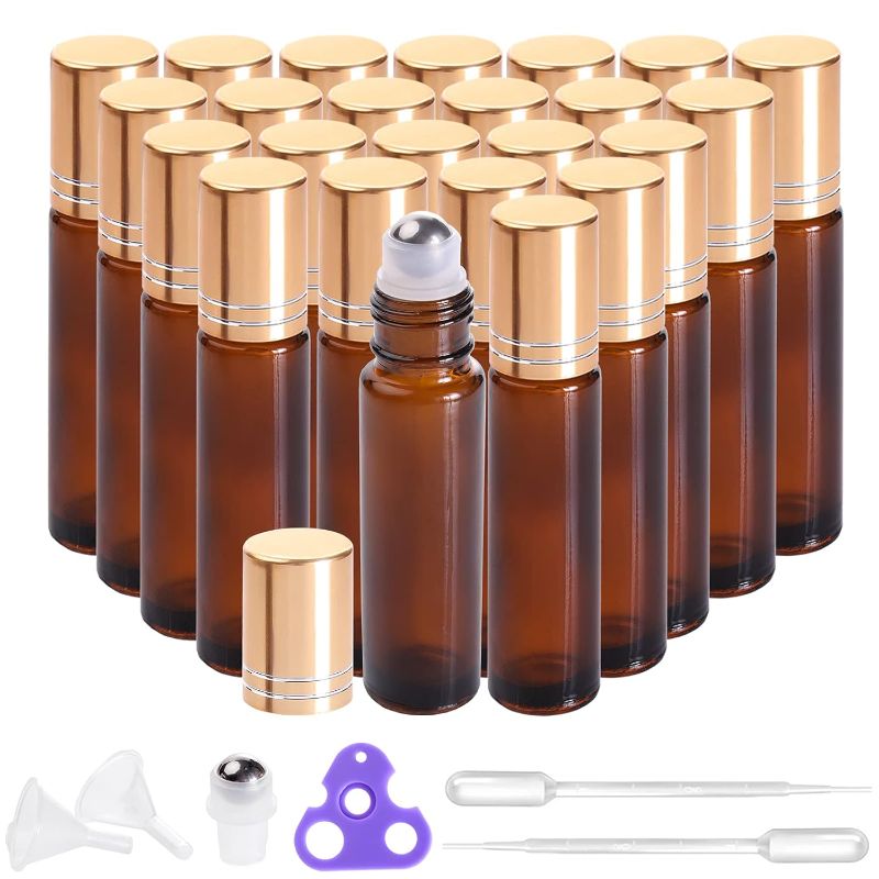 Photo 1 of Roller bottles for oils 10ml (Amber Glass, 48 pack, Extra Stainless Steel Balls, Labels, Openers, Funnels, Droppers Roller Balls For Essential Oil Roller Bottles