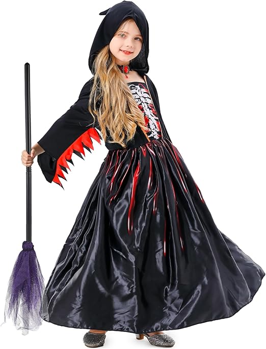 Photo 1 of Witch Costume for Girls, Halloween Child Girl Black and Red Witch Costume with Broom Outfit Cosplay size small