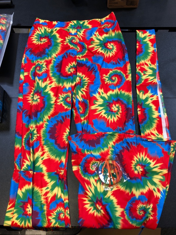 Photo 1 of 70's women hippies costume accessories, boho flare pants tie dye and headband, peace sign necklace and earrings for 70's 60's outfit size L