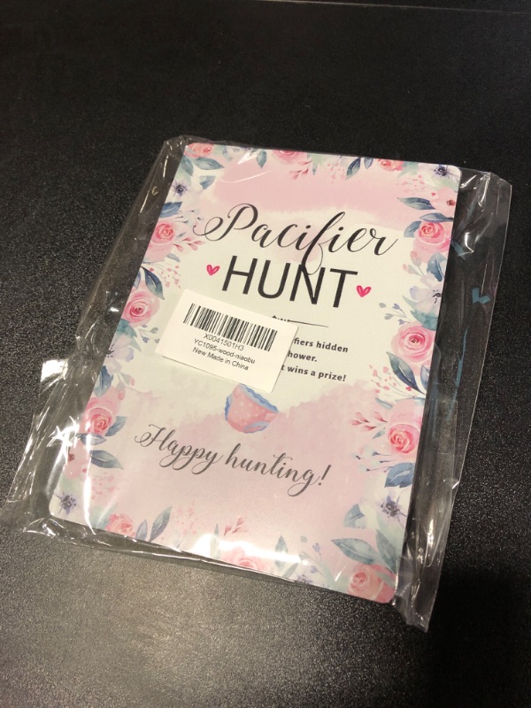 Photo 1 of Roowest 51 Pcs Pacifier Hunt Baby Shower Game, Include Wooden Pacifier Hunt Sign Bear Themed Baby Shower Sign Board with 50 Acrylic Baby Pacifiers for Baby Shower Game, Gender Reveal Party (Pink)