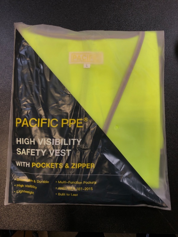 Photo 2 of PACIFIC PPE High Visibility Safety Vest with Pockets and Zipper, Reflective Strips, Meet ANSI/ISEA Standards, Large, Yellow