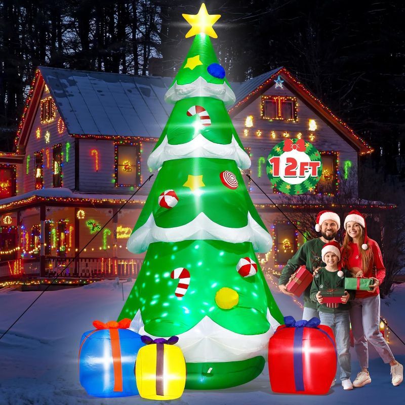 Photo 1 of 12FT Christmas Tree Inflatables, Giant Blow Up Christmas Tree with Boxes, Lighted Up Christmas Inflatables with Rotating Snowflake Lamp, Colorful Christmas Yard Inflatables Decoration for Xmas Lawn