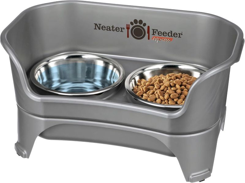 Photo 1 of Neater Feeder - Express Model - Mess-Proof Dog Bowls (Medium/Large, Gunmetal Grey) – Made in USA – Elevated, No Spill, Non-Tip, Non-Slip, Raised Stainless Steel Food & Water Pet Bowls