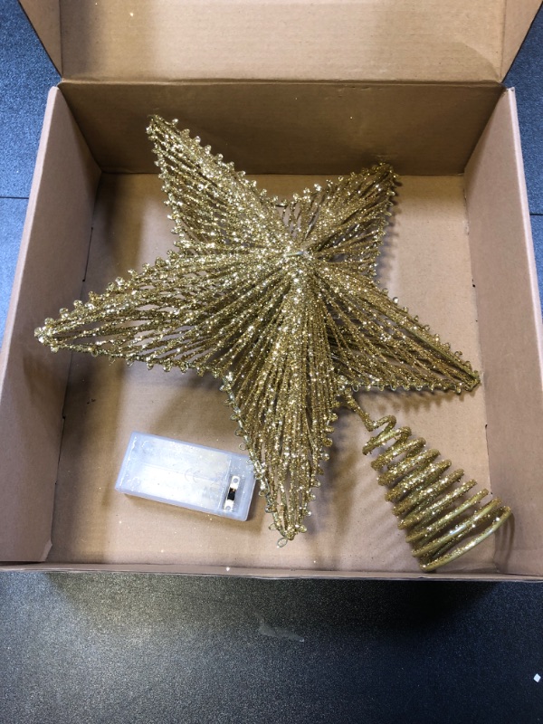 Photo 3 of Christmas Tree Topper 10" Golden Glittered Star Tree Topper with 20 LED Lights Xmas Tree Topper Star for Xmas Decorations Ornaments Holiday Party Indoor Decor