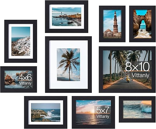 Photo 1 of Vittanly 10 Pack Picture Frames Collage Wall Decor, Gallery Wall Frame Set for Wall or Tabletop Display, Multi Sizes with Two 8x10, Four 5x7, and Four 4x6 Photo Frames, Black