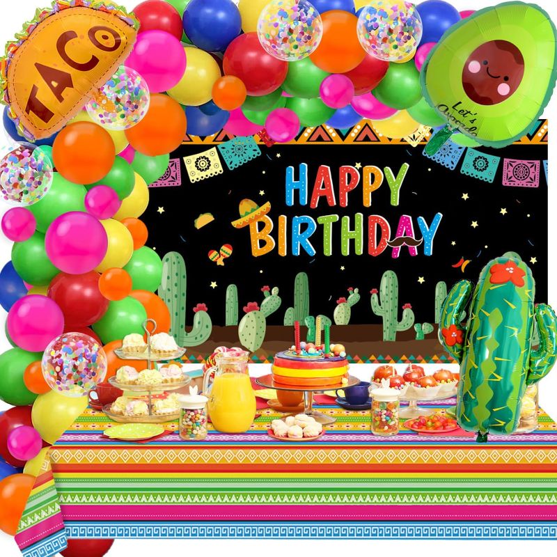 Photo 2 of 111pcs Mexican Party Decorations Fiesta Birthday Supplies For Boys Girls Adult Balloons Garland Arch Kit Feliz Cumpleanos Backdrop Tablecloth Cinco De Mayo Taco Cactus Avocado Mexican Theme
