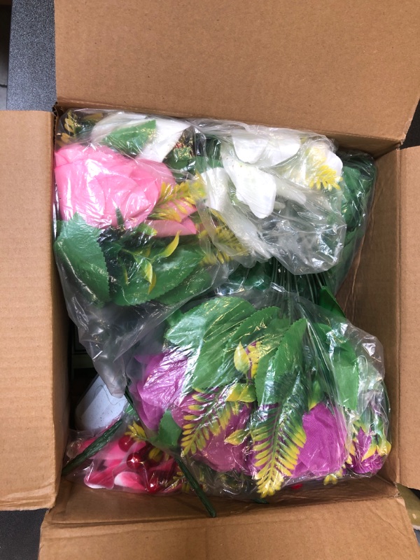 Photo 1 of Decorniqu Artificial Cemetery Flowers with Vase 2 Sets Memorial Flowers Artificial Rose Lily Bouquet Graveyard Memorial Flowers for Cemetery Headstones Grave Memorials Decoration