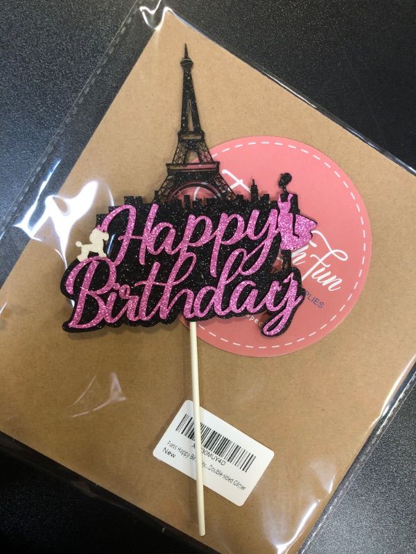 Photo 2 of Paris Happy Birthday Cake Topper, Eiffel Tower Bday Party Decorations, Ooh La La Party Supplies for Girl, Women and Dog Sign, Double-sided Glitter