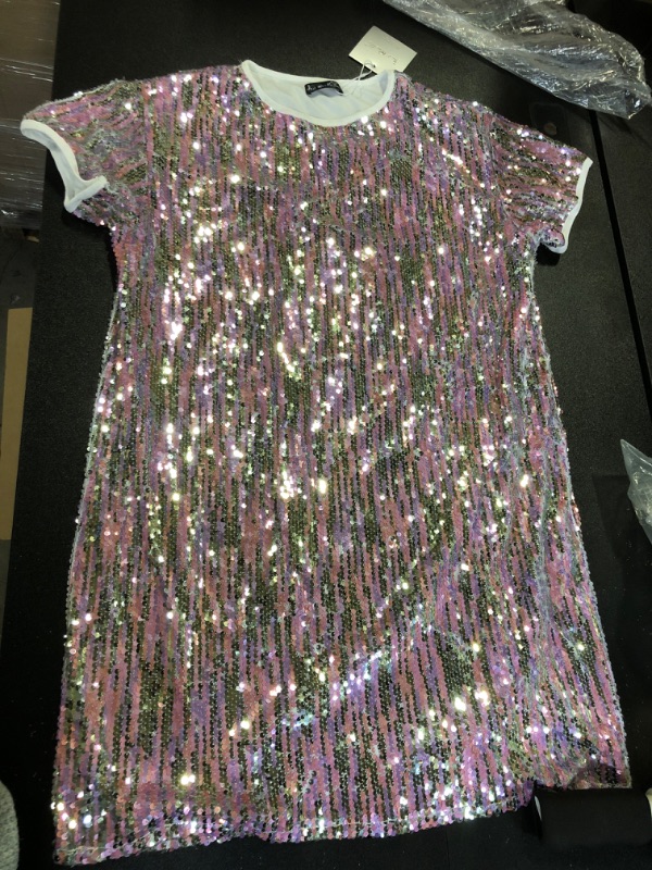 Photo 1 of Short Sleeve Sequin Dress Pink With Clear Belt Size Large 