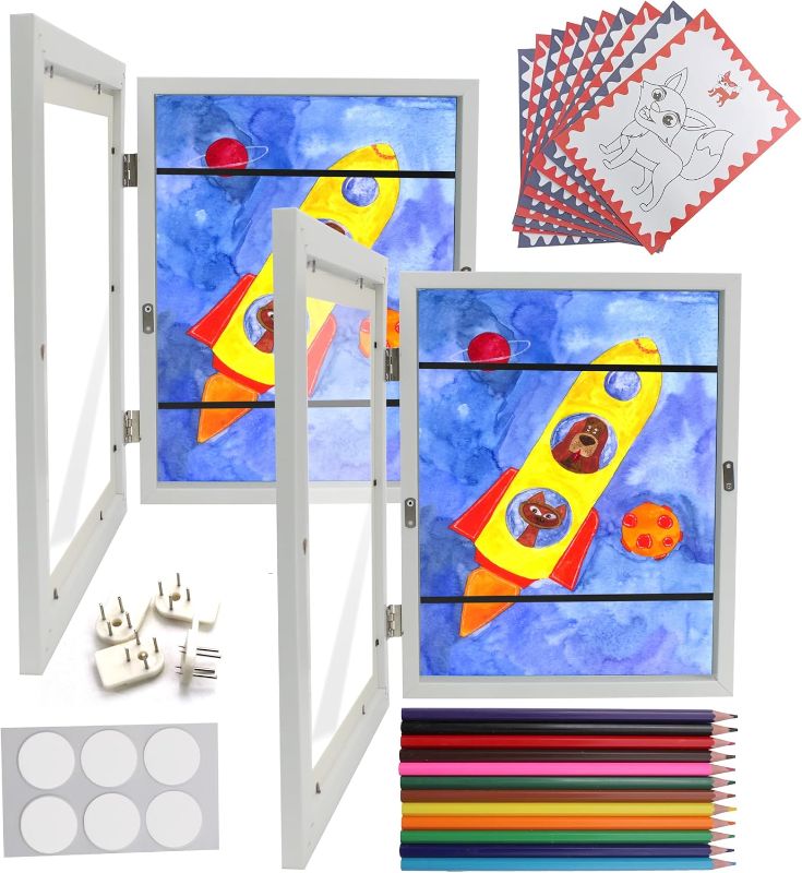 Photo 1 of [2-Pack] Kids Art Frame – 8.5" x 11” Front Opening Artwork Frames for Kids Art with 12 Color Pencils, 10 Drawing Papers, Tempered Glass & Acrylic Sheet – Wall Mounted changeable artwork frames kidsHolds 50 Pcs, for 3D Picture, Crafts, Hanging Art (White)
