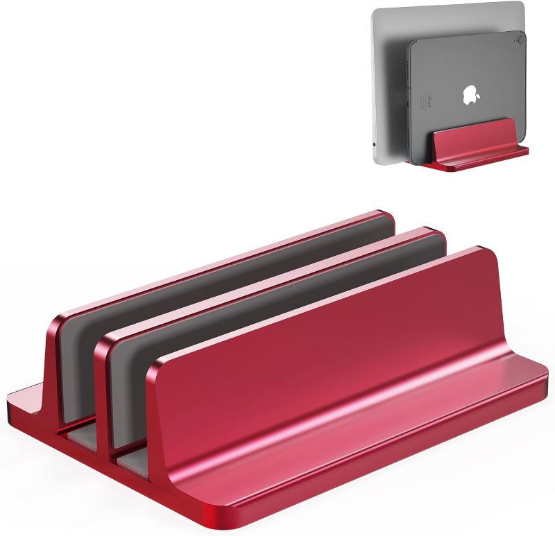 Photo 1 of [Upgraded Dock Version] Vertical Laptop Stand, Adjustable 2 Slot Aluminum Desktop Holde(Up to 17.3 inch), Fits All MacBook/Microsoft Surface/HP/Dell/ChromeBook/iPad and Gaming Laptops (Red)
