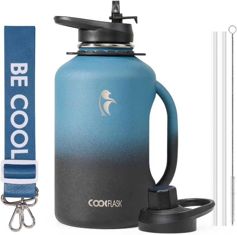 Photo 1 of 64 oz Water Bottle Insulated with Handle, Coolflask Half Gallon Water Jug With Strap Straw Stainless Steel Double-Walled Vacuum Metal Large Flask Leakproof, Keep Cold 48 Hrs Hot 24hrs