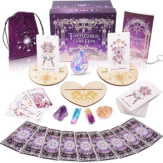 Photo 1 of 78 Tarot Cards with Guide Book - Tarot Deck Gift Set with Tarot Cloth, Chakra Stones & Tarot Bag, Purple Tarot Cards Fortune Telling Game Craft Cardboard for Beginners and Expert Readers