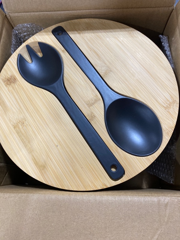 Photo 2 of 11.3" Extra Large Salad Bowl with Wooden Lid & Servers, 208Oz, Oversized Bamboo Fiber Salad Serving Set with Utensils for Home/Kitchen, Big Lightweight Bowl for Mixing Salad,Fruit,Pasta - Matte Black